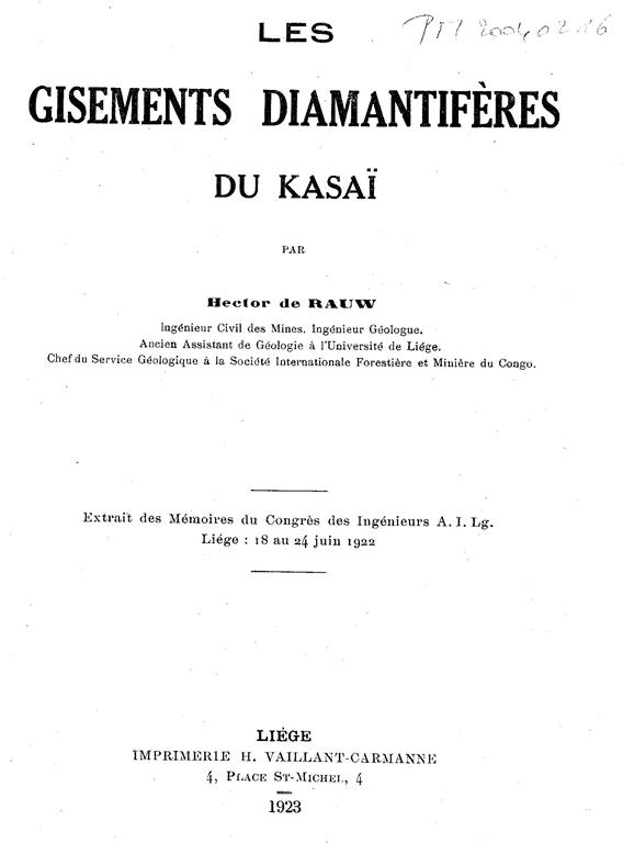 Book cover 19230010: DE RAUW Hector | Les gisements diamantifères du Kasaï
