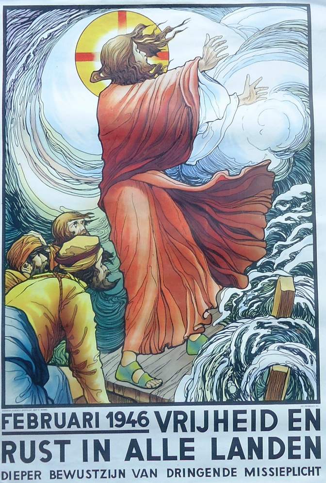 Book cover 1946000001: NN. | AFFICHE: Februari 1946: Vrijheid en rust in alle landen; Dieper bewustzijn van dringende missieplicht (illustratie: zeer mooi uitgevoerde Jezusfiguur die de storm bedaart)