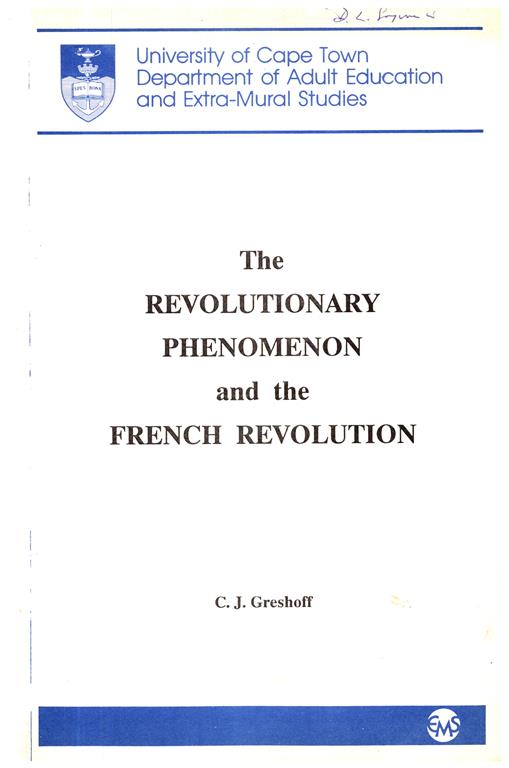 Book cover 201901162219: GRESHOFF C.J. | The Revolutionary Phenomenon and the French Revolution