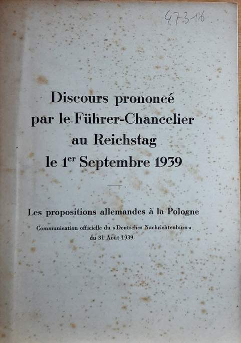 Book cover 202103201915: HITLER Adolf | Discours prononcé par le Führer-Chancelier au Reichstag le 1er Septembre 1939. Les propositions allemandes à la Pologne. Communication officielle du 