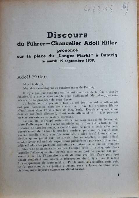 Book cover 202103201923: HITLER Adolf | Discours du Führer-Chancelier Adolf Hitler prononcé sur la place du 