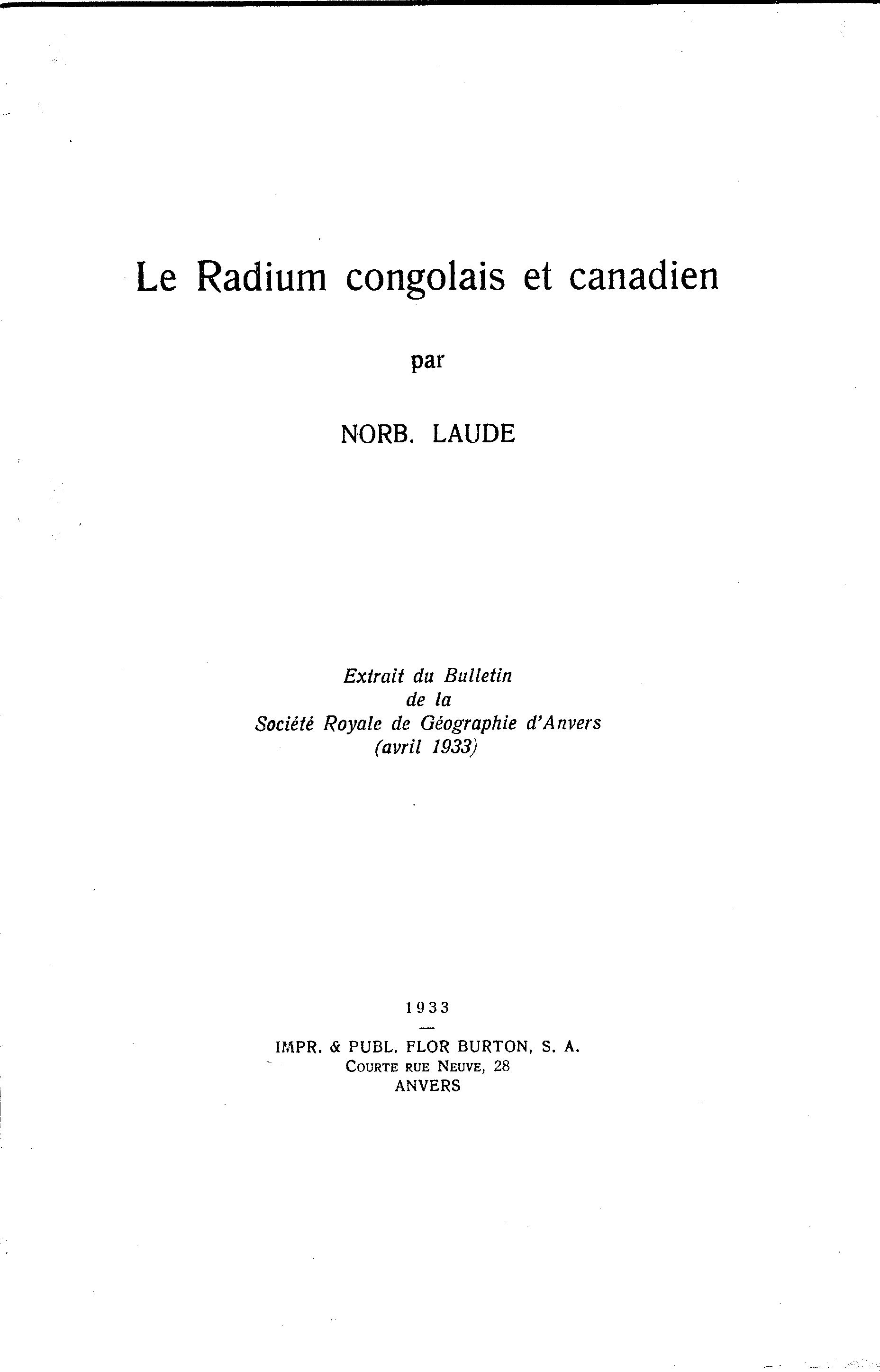 Book cover 202105120950: LAUDE Norbert | Le Radium congolais et canadien - [e-book PDF]