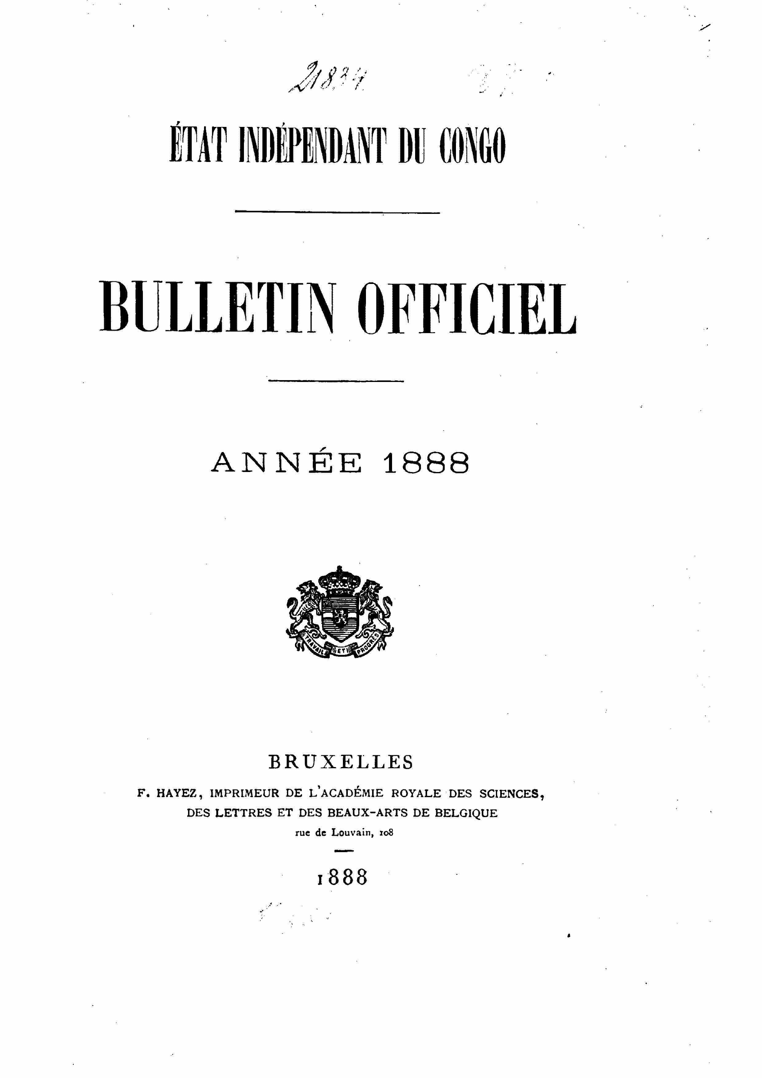 Book cover 202106132403: Etat Indépendant du Congo - roi Léopold II | Etat Indépendant du Congo - Bulletin Officiel – Année 1888
