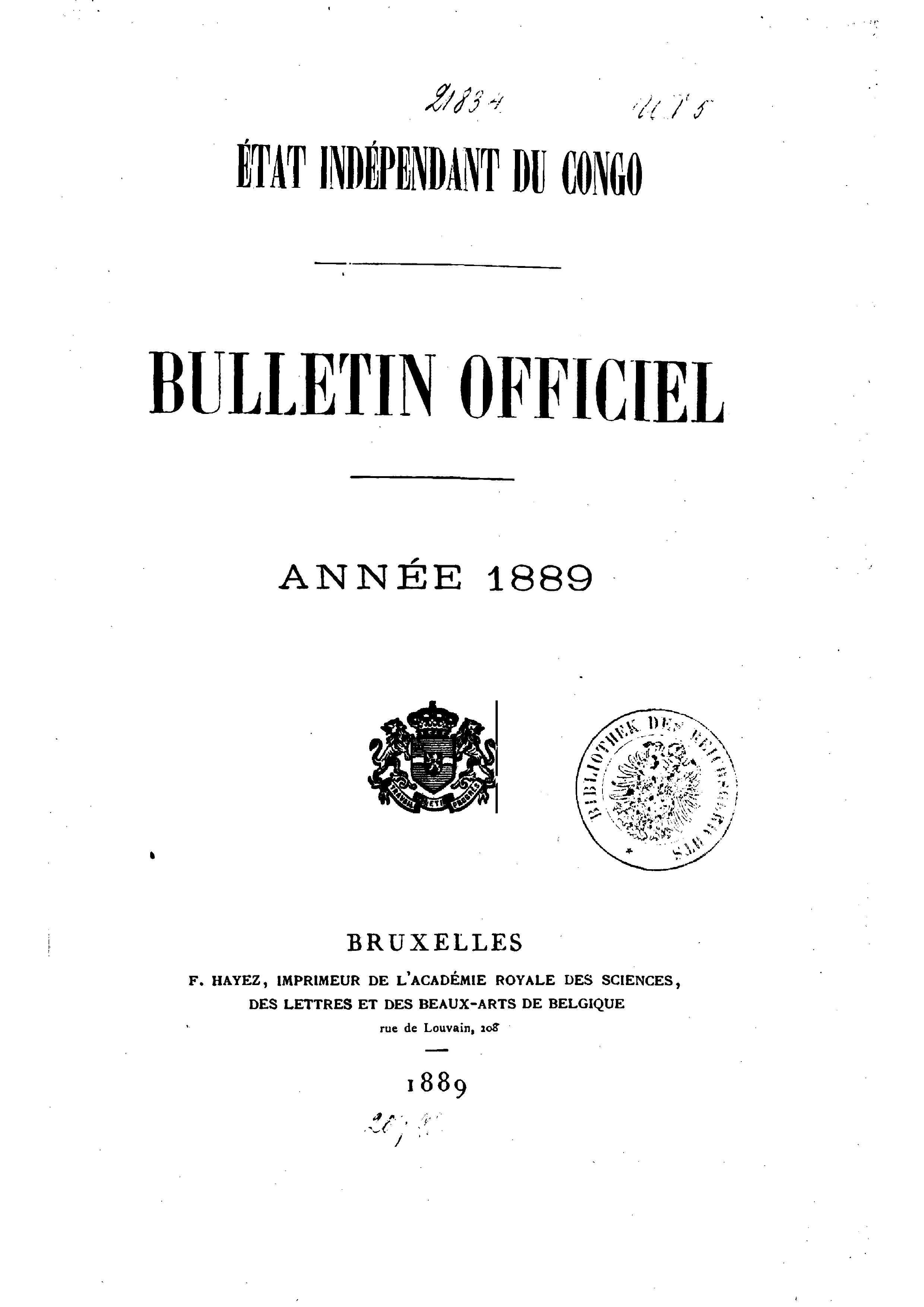 Book cover 202106132404: Etat Indépendant du Congo - roi Léopold II | Etat Indépendant du Congo - Bulletin Officiel – Année 1889