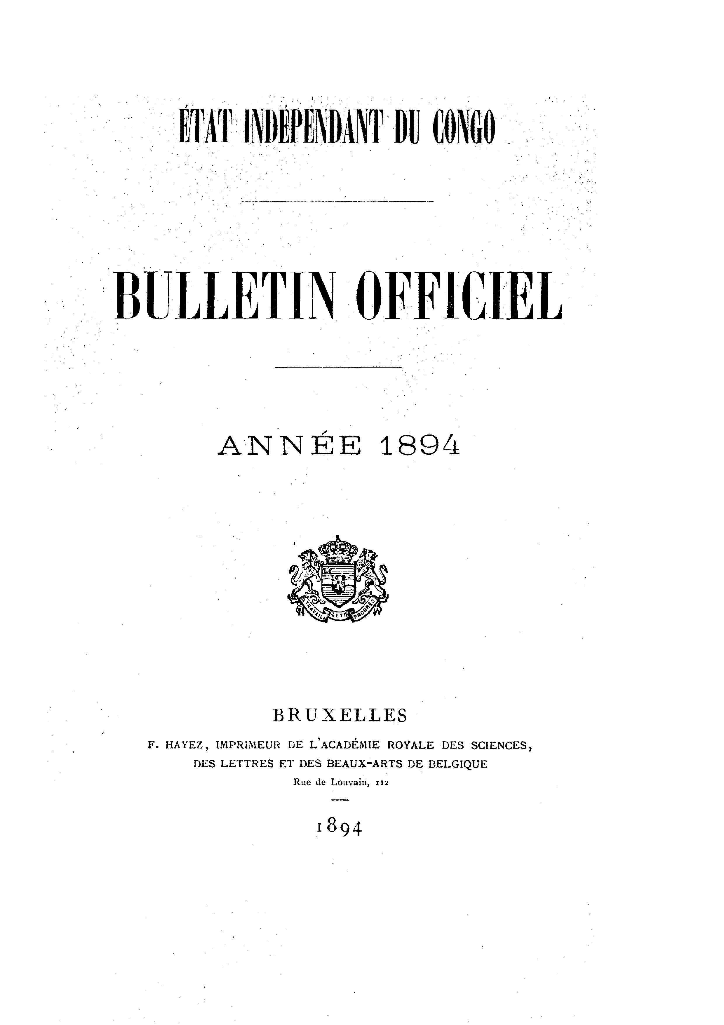 Book cover 202106132409: Etat Indépendant du Congo - roi Léopold II | Etat Indépendant du Congo - Bulletin Officiel – Année 1894
