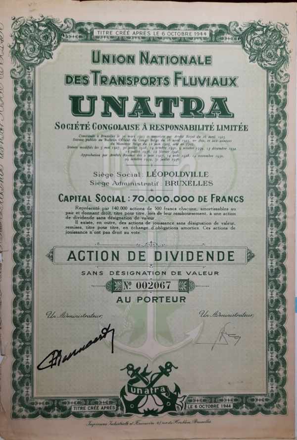 UNATRA - Union Nationale des Transports Fluviaux - UNATRA - Action de dividende