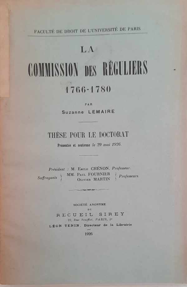 Book cover 202303031402: LEMAIRE Suzanne | La Commission des Réguliers, 1766-1780. Thèse pour le doctorat