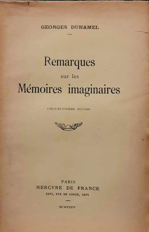 Book cover 202402201710: DUHAMEL Georges | Remarques sur les Mémoires imaginaires