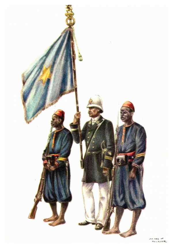 Histoire de la Force Publique du Congo - Drapeau de la Force Publique. Officier et escorte - 1890